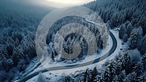 Winter Wonderland: Aerial View of Winding Road in Forest AI Generated