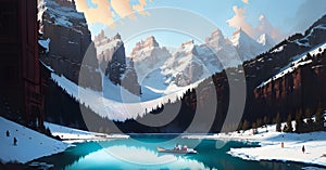 Winter Wonderland in Alaska Milky Way Panorama. Snow mountains with frozen lake. Generative AI
