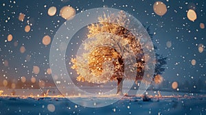 Winter Wonderland: Beautiful Tree in Late Evening Snowfall