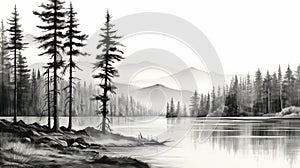 Winter Wonderland: Black And White Sketch Of Pine Trees Along Water