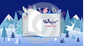 Winter wonderland, Book fair banner with open book and frozen trees. Vector illustration