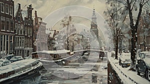 Winter Wonderland: Charming Frozen Gracht in Picturesque Amsterdam Canal