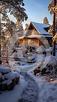 Winter Wonderland: Cozy Cabin Amidst Snow-Covered Trees