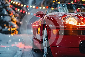 Winter wonderland drive red sports car amidst snowy scene