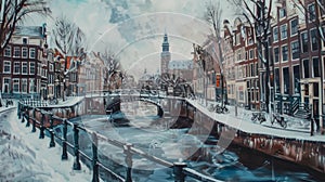 Winter Wonderland: Enchanting Frozen Gracht Scene in Amsterdam Canal