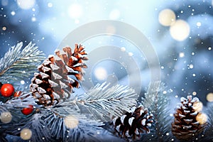 Winter Wonderland Greetings Snowy Fir Branch with Pine Cones and Twinkling Lights on Christmas Card. created with Generative AI