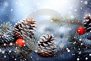 Winter Wonderland Greetings Snowy Fir Branch with Pine Cones and Twinkling Lights on Christmas Card. created with Generative AI