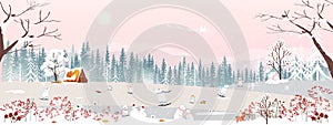 Winter wonderland landscape card with misty pine trees, cute polar bear playing ice skating on hills,Vector illustration banner of