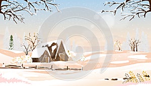 Winter wonderland landscape with farm fields,farm house and sunrise,Vector cartoon seasonal in countryside with bokeh sunlight,