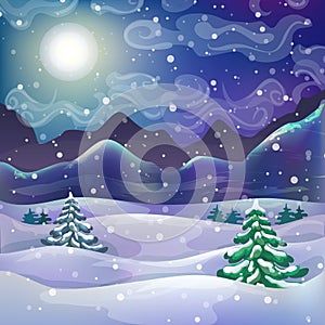 Winter wonderland night background with snowfall snowy forest and mountains. mountain landscape. christmas magic starry night