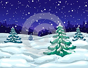 Winter wonderland night landscape with snowfall and snowy fir trees. winter snow falling scene. christmas magic night backdrop.