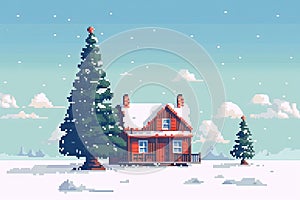 Winter Wonderland: Pixel Art Illustration of Christmas Tree and Snowy House. Perfect for Greeting Cards and Invitations.