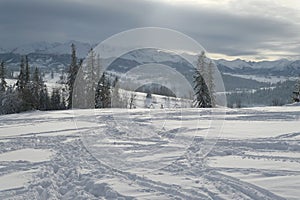 Winter wonderland in polish mountains. Bialka Tatrzanska with Tatra mountains view