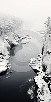 Winter Wonderland: A Serene Black And White Aerial View Of A Snowy River