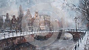 Winter Wonderland: Serene Frozen Gracht Painting in Charming Amsterdam
