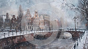 Winter Wonderland: Serene Frozen Gracht Painting in Charming Amsterdam photo