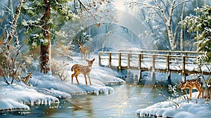 Winter wonderland serene snow covered forest with evergreen trees, snowflakes, creek, and icicles