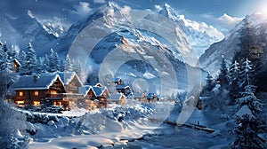 A winter wonderland of snow-covered mountains and a cozy village