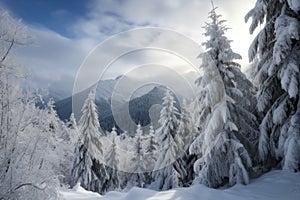 winter wonderland with snow-covered trees and mountains in the background