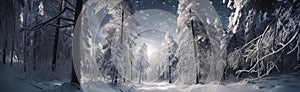 A winter wonderland with snow fields and trees. Snowflakes and ice on a dreamy background.