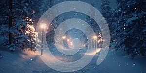 Winter Wonderland Snowfall Path Illuminated by Lamplights