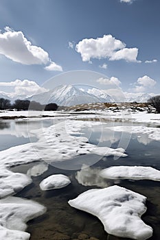 Winter Wonderland: A Snowy Mountain Landscape with a Frozen Lake Under a Clear Blue Sky, ai generative