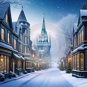 Winter Wonderland in Victorian Digital Matte Painting of Snowy Street Landscape for Christmas and Holiday Urban