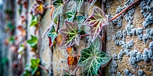 Winter Wonderland on a Weathered Concrete Wall Intricate Frosty Ivy Patterns on a Textured Surface photo