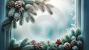 Winter Wonderland Window Frame with Frosty Pine Cones, AI Generated