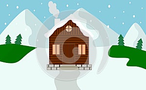 Winter wooden House Snow Forest mountains Flat Vector