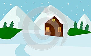 Winter wooden House Snow Forest mountains Flat Vector