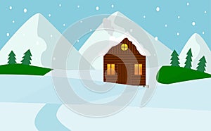 Winter wooden House Snow Forest mountains Flat Vector