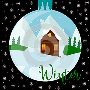 Winter wooden House Snow Forest mountains Flat Vector