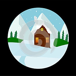 Winter wooden House Snow Forest mountains Flat Vector