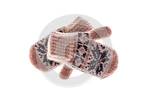 Winter wool mitts on a white background.