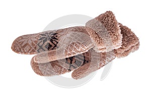 Winter wool mitts on a white background.