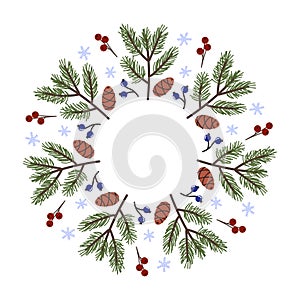 Winter wreath design with pine branches, cones, and berries in a circular pattern