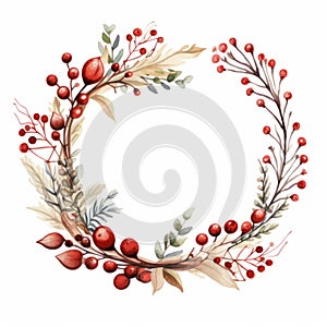 Winter Wreath Illustration With Red Berries And Green Leaves