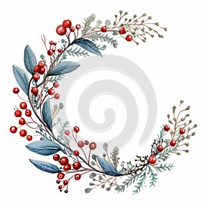 Winter Wreath Watercolor Clipart - Red Leaves, Buds, Pomegranate, Berries