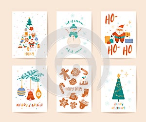 Winter xmas greeting card vector template. Merry Christmas and happy new year postcards, poster, banner