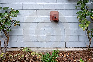 Winterization, foam and plastic faucet cover to prevent pipes freezing, on a blue gray painted brick wall