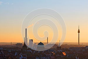 Winter panorama of Nuremberg at sunset