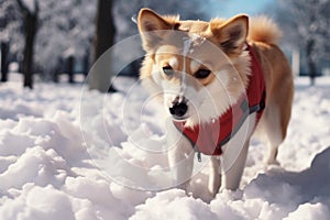 Winters enchantment transformed park as puppy devours fresh snow