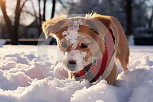 Winters enchantment transformed park as puppy devours fresh snow