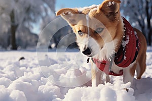 Winters enchantment transformed park as puppy devours fresh snow