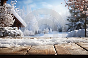 Winters tranquility wooden table adorned with snow, awaiting occupants