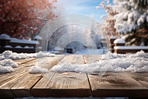 Winters tranquility wooden table adorned with snow, awaiting occupants