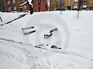 Winterscape with two benches covered by a snow photo