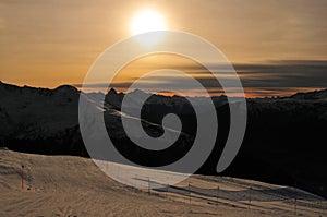 Wintersport Swiss Alps: Mountain-Panorama from Jakobshorn at sun photo