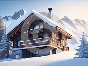 Wintertime chalet in the mountains.